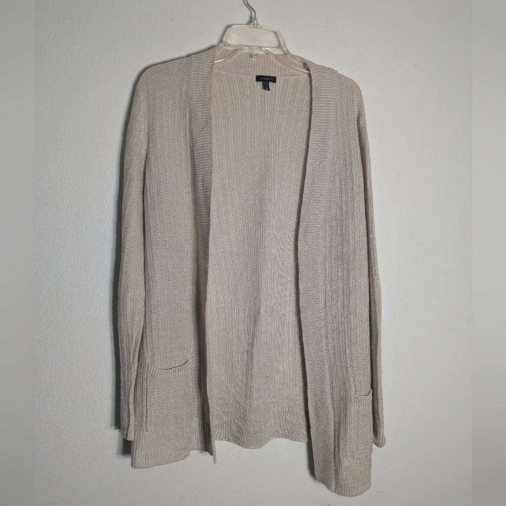 Talbots Womens Open Cardigan 100% Linen Cream Neutral Coastal Quiet Luxury Large